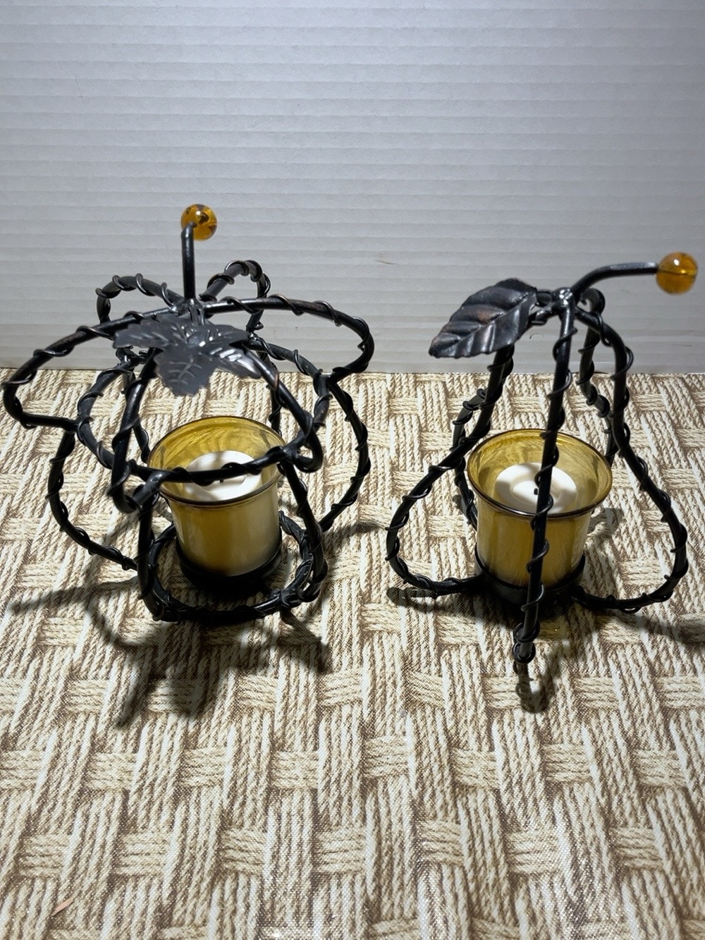Set of 2 Metal Pumpkin Votive Candle Holders Amber Glass Fall Autumn Decor
